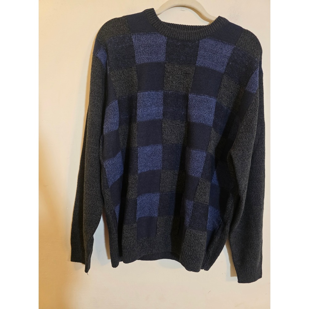 Vintage Natural Issue Mens XL Blue Gray Checkered Block Knit Crew Neck Sweater